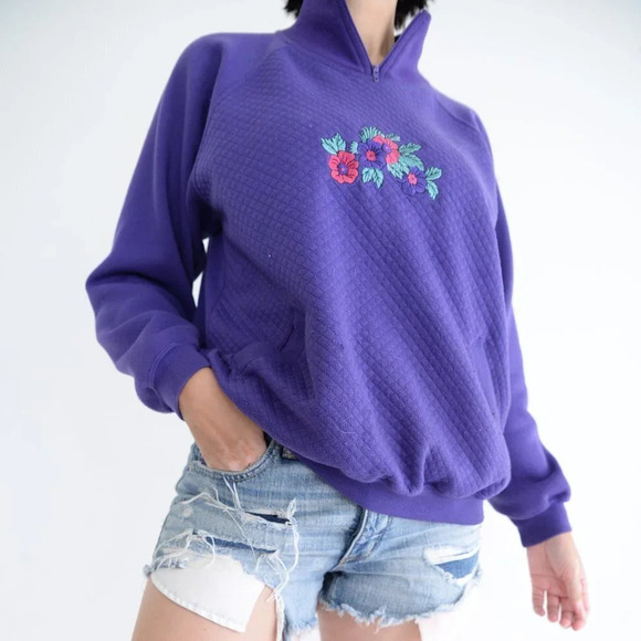Vintage Lady Footlocker Purple  Floral Half Zip Long Sleeve Sweater Med - Picture 3 of 14
